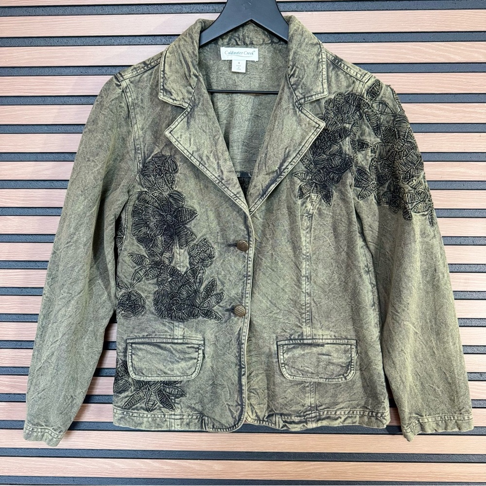 Coldwater Creek Olive Green Embroidered Jacket Size 4